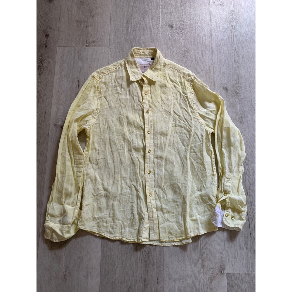 Report Collection Mens Yellow Linen Button Down Shirt Long Sleeve L Coastal Boho